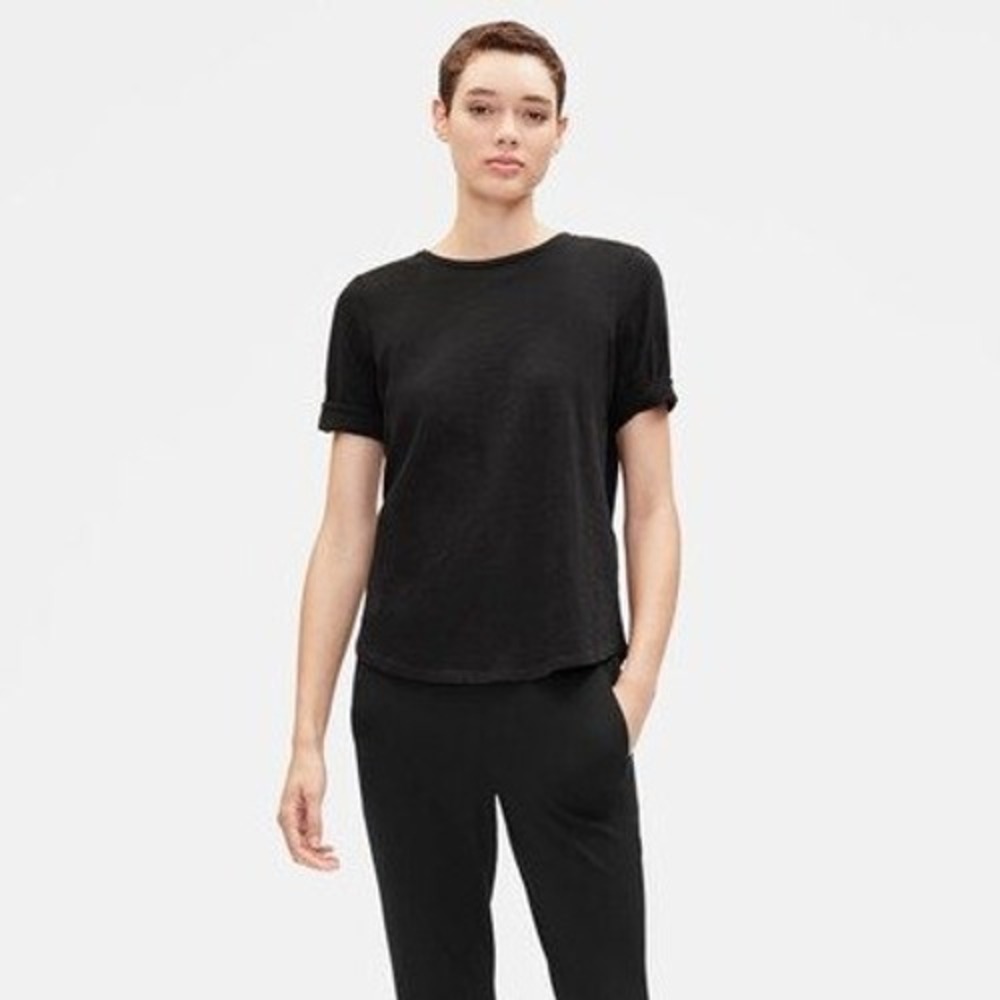 Eileen Fisher Organic Cotton Slub Elbow-Sleeve Tee Crew Neck Casual Black Small